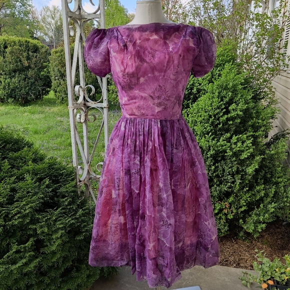 XXS XS 50s 60s Purple Floral Garden Party Dress - Picture 1 of 16